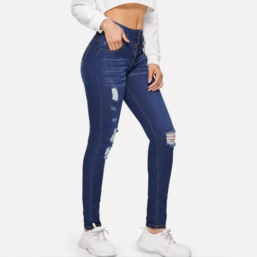 Women Ripped Dark Blue Jeans