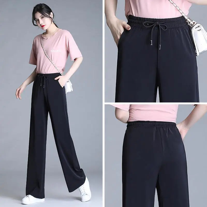 Black High-Waisted Wide-Leg Pants Summer Casual Floor-Length
