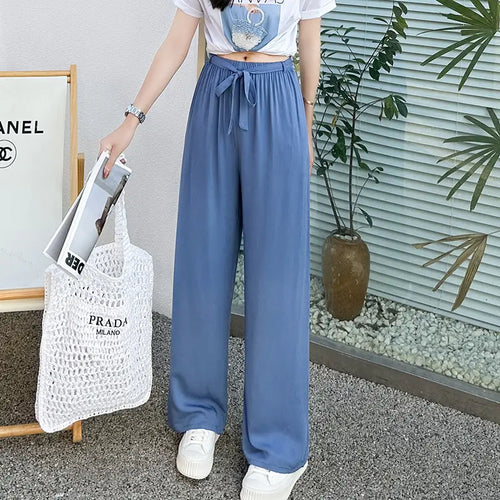 Women Wide Leg Pajama Pants Smoke Blue Plus Size Cotton Summer Casual