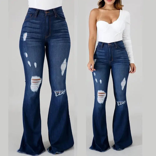 Women High Waist Ripped Flared Jeans Dark Blue Stretch