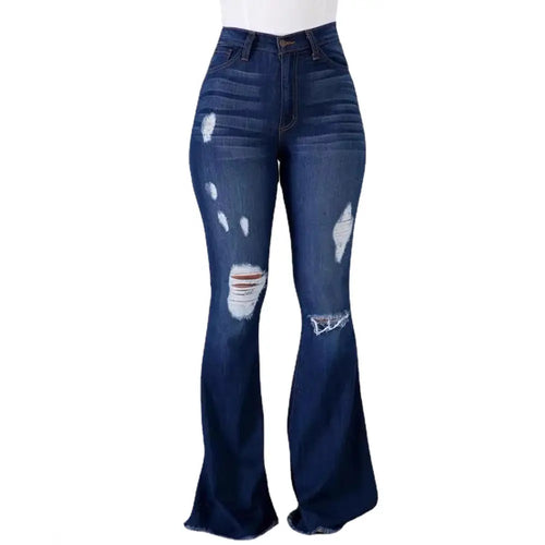 Women High Waist Ripped Flared Jeans Dark Blue Stretch