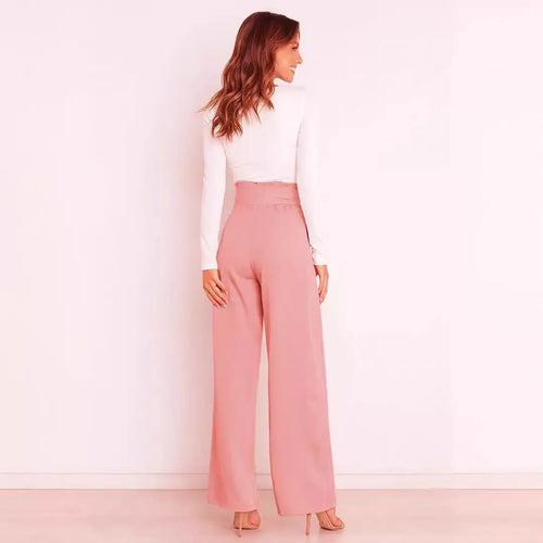 White Wide Leg Pants with Bow Tie Waist for Women