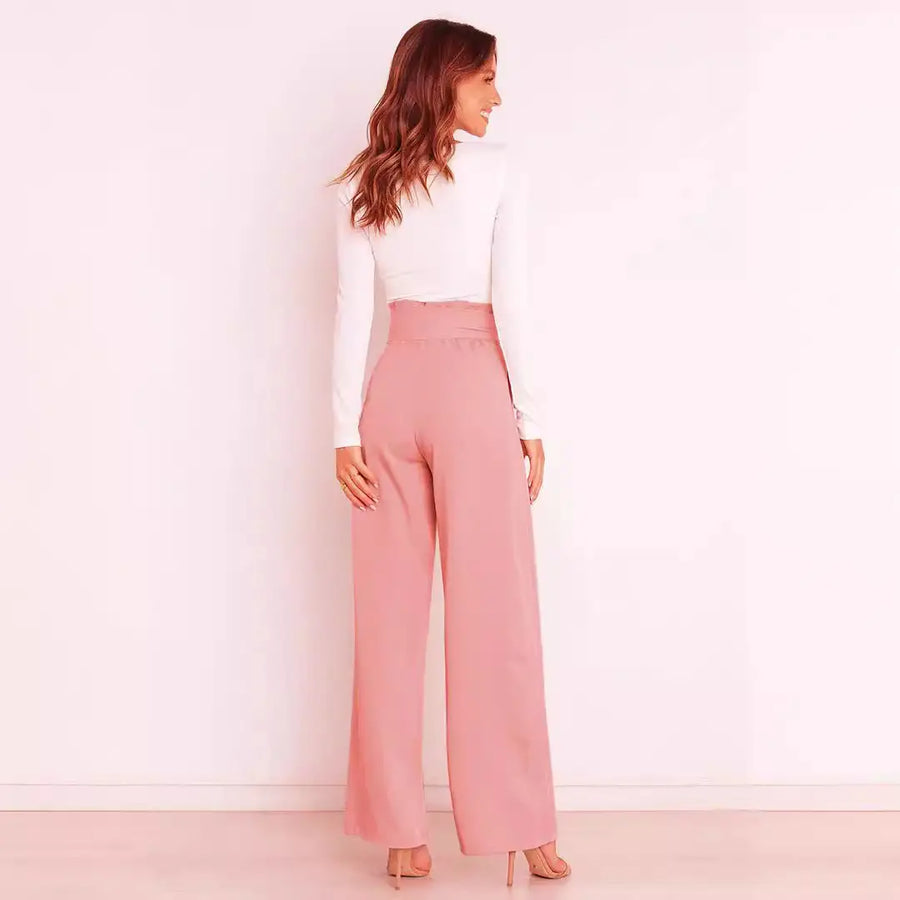 White Wide Leg Pants with Bow Tie Waist for Women