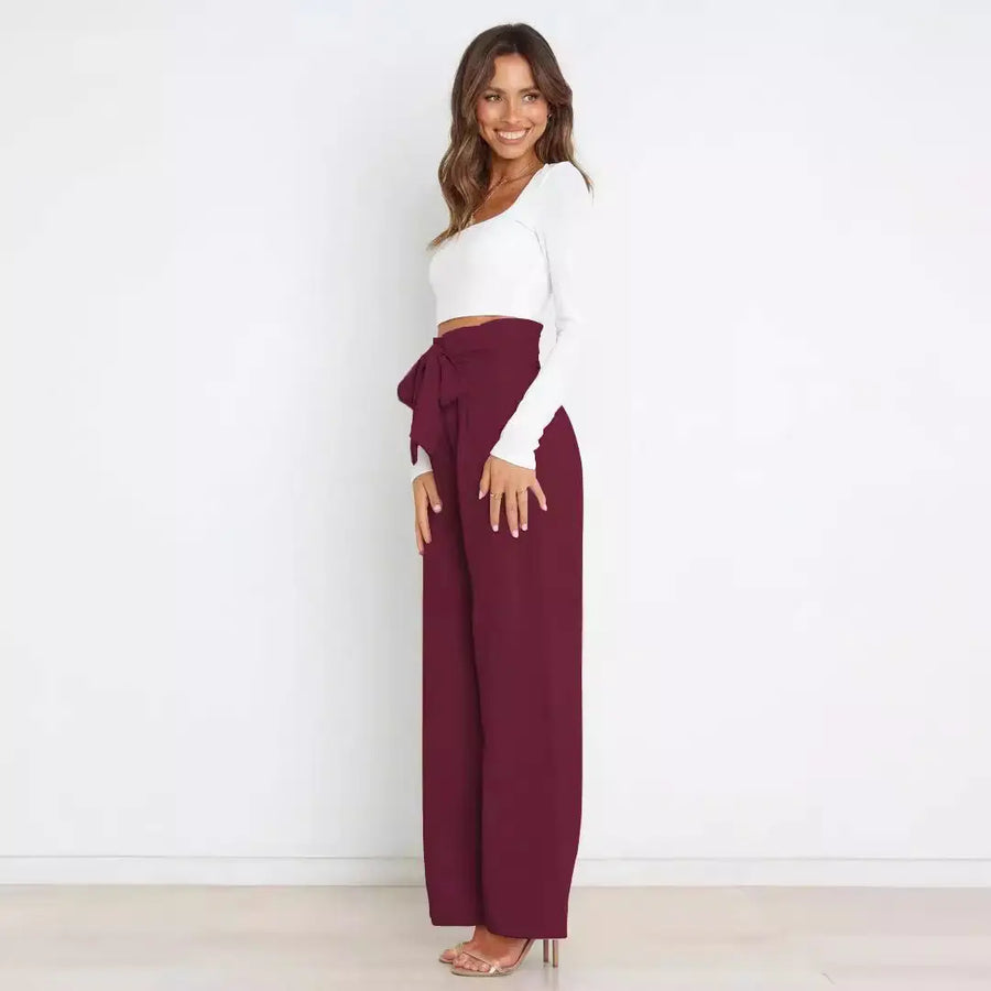 White Wide Leg Pants with Bow Tie Waist for Women