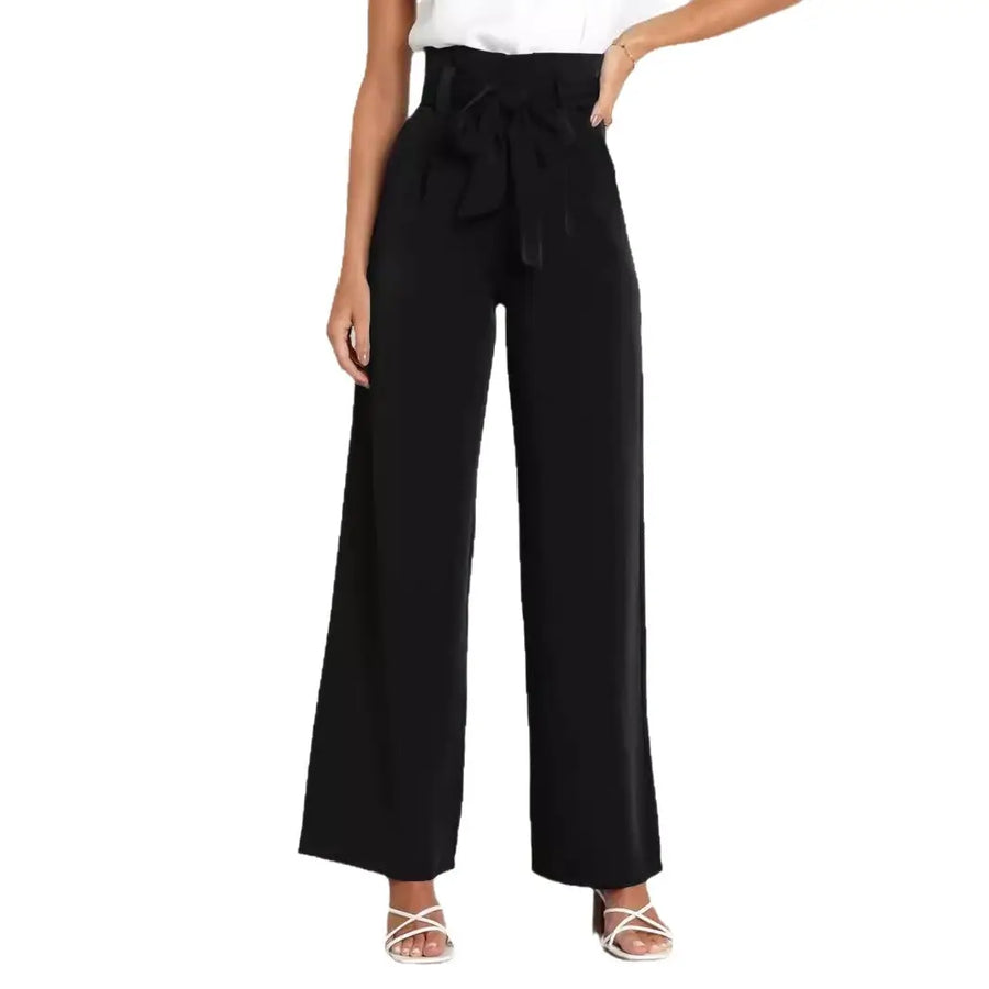 White Wide Leg Pants with Bow Tie Waist for Women