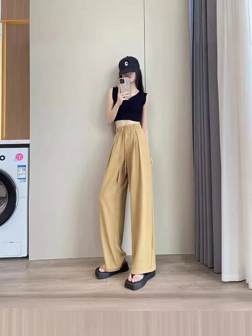 High Waist Wide Leg Pants Black Cotton Summer Wear