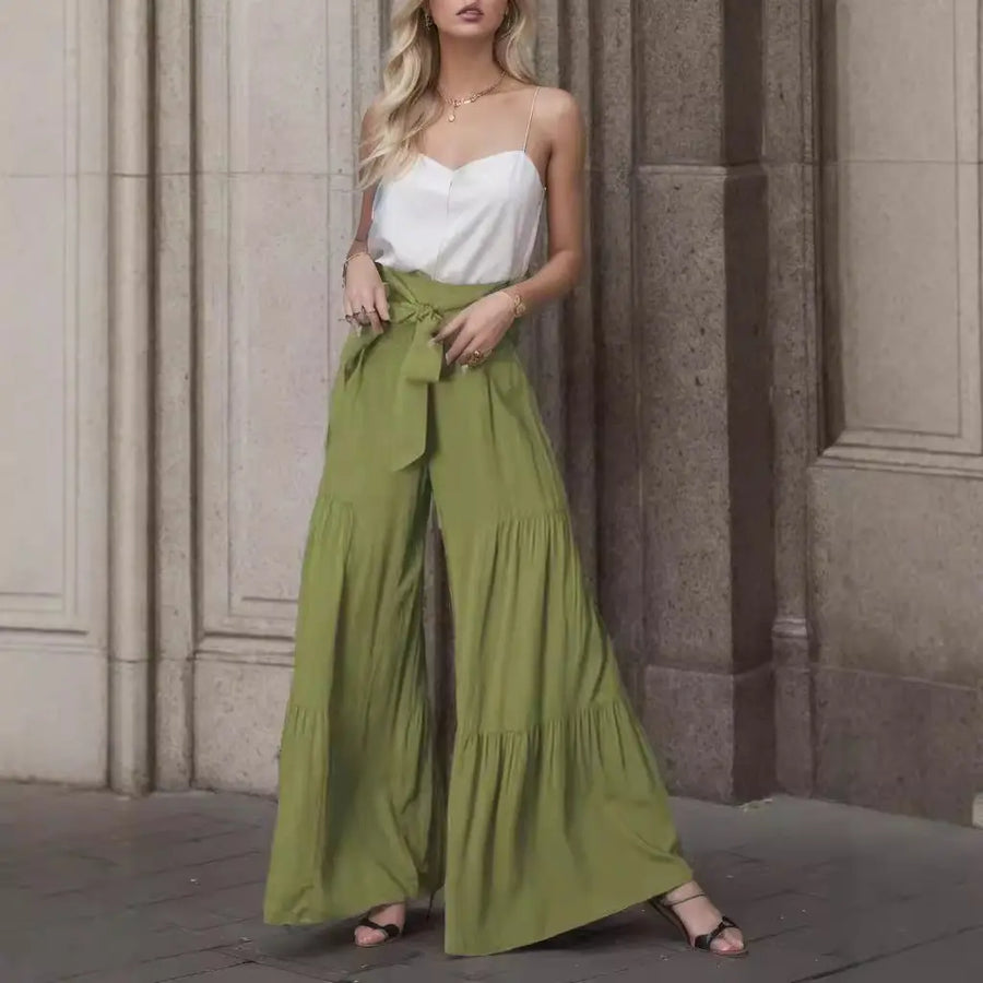Women Strappy Elastic Waist Wide-leg Pants Black Loose Fit