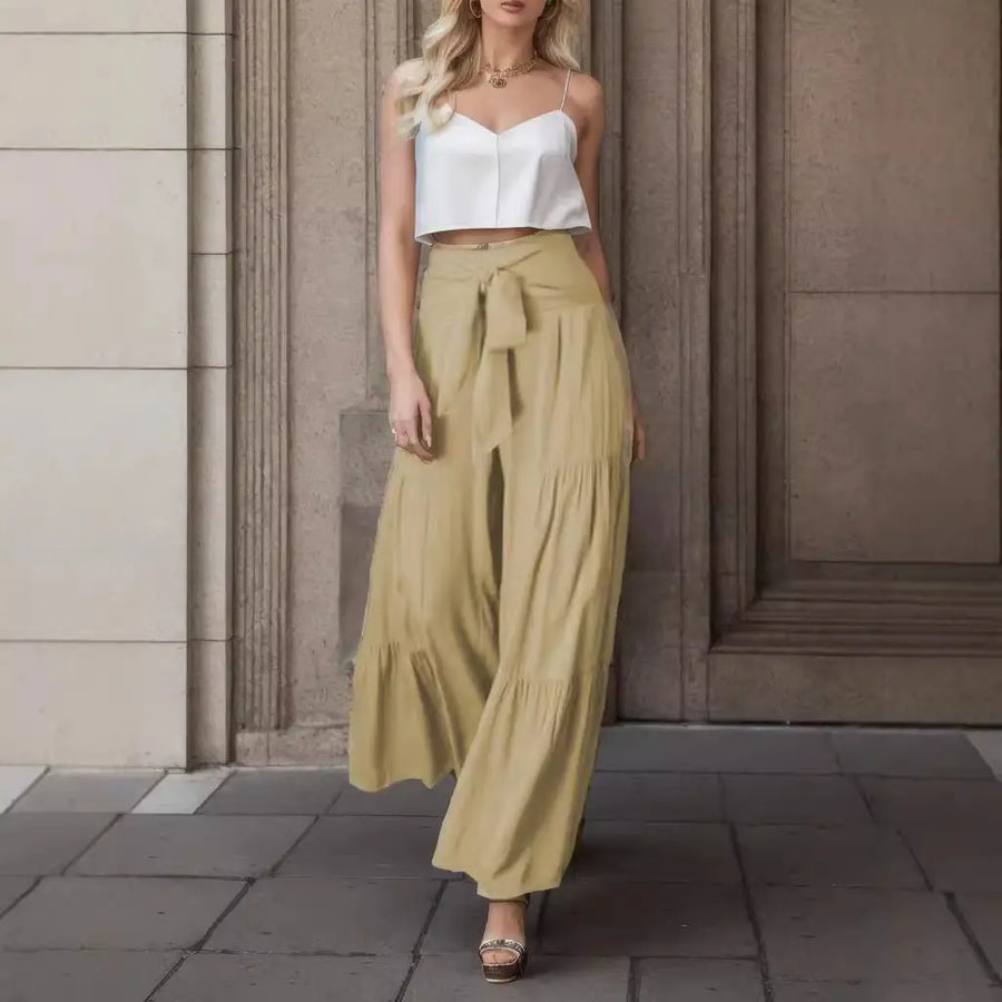 Women Strappy Elastic Waist Wide-leg Pants Black Loose Fit