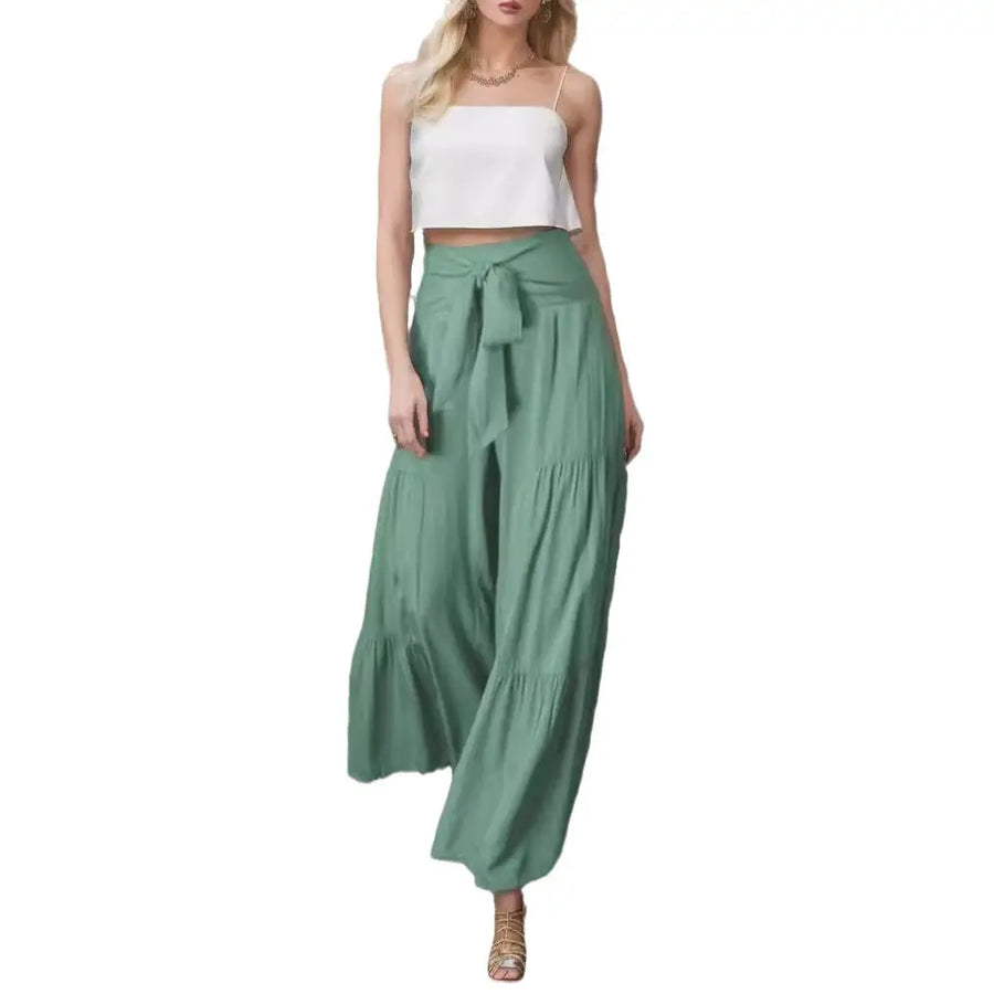 Women Strappy Elastic Waist Wide-leg Pants Black Loose Fit