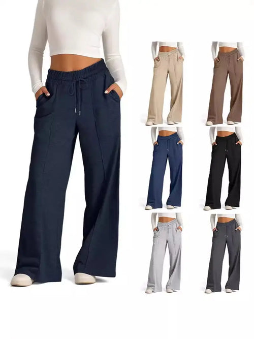 Women Lace-Up Wide-Leg Casual Pants Black Winter