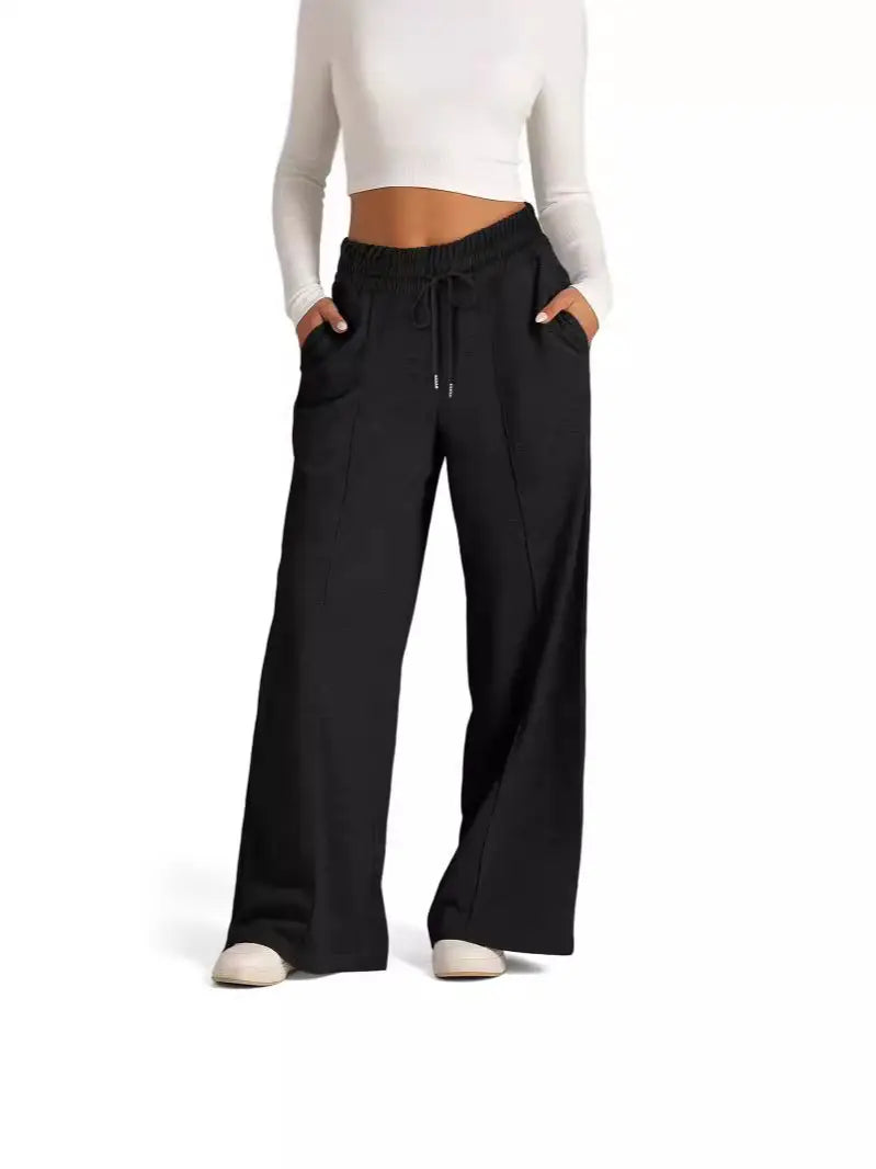 Women Lace-Up Wide-Leg Casual Pants Black Winter