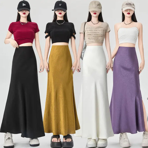 Women Acetate Satin Side Slit Skirt Summer Fishtail A-Line