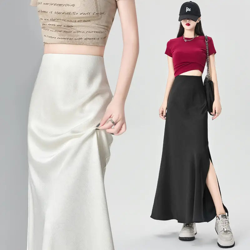 Women Acetate Satin Side Slit Skirt Summer Fishtail A-Line