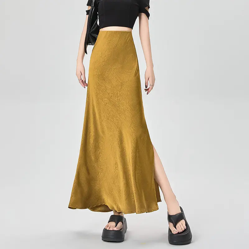 Women Acetate Satin Side Slit Skirt Summer Fishtail A-Line