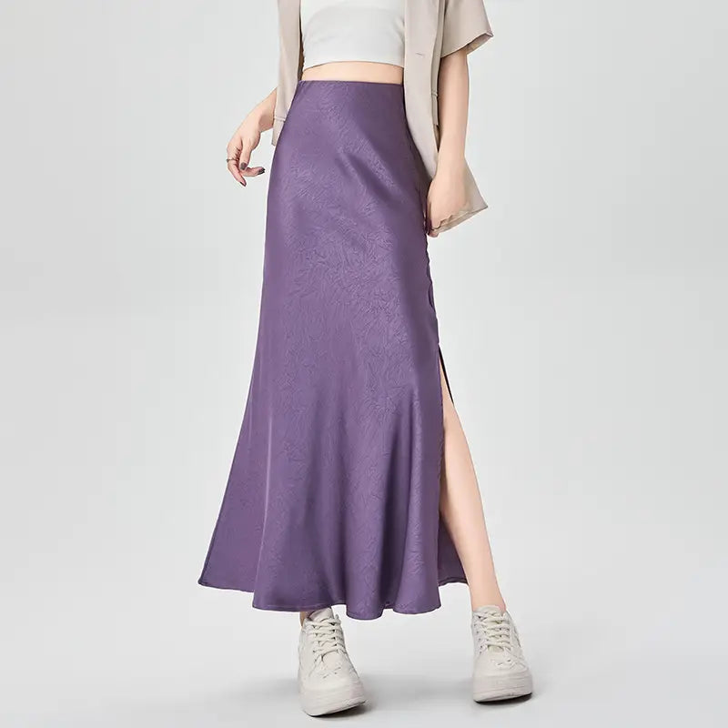 Women Acetate Satin Side Slit Skirt Summer Fishtail A-Line