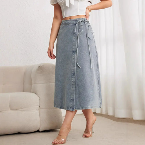 Light Blue Denim Midi Skirt with Tie Waist Split Wrap