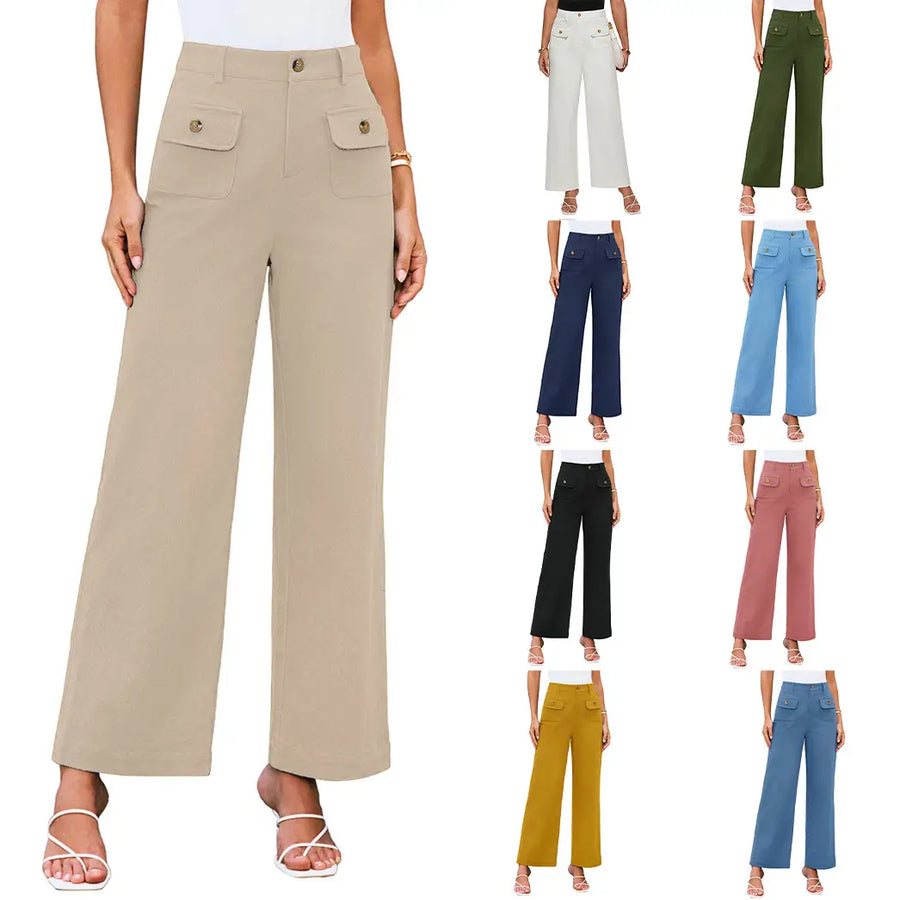 Women High Waisted Wide Leg Stretch Pants with Flap Pockets