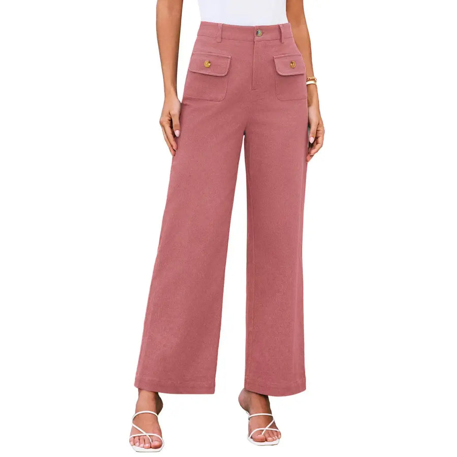 Women High Waisted Wide Leg Stretch Pants with Flap Pockets