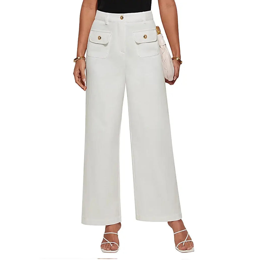 Women High Waisted Wide Leg Stretch Pants with Flap Pockets