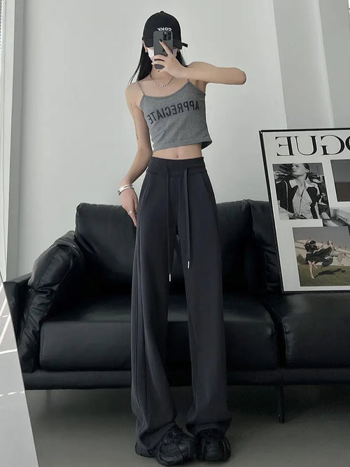 Women Dark Gray High Waist Wide Leg Sports Pants Spring Autumn