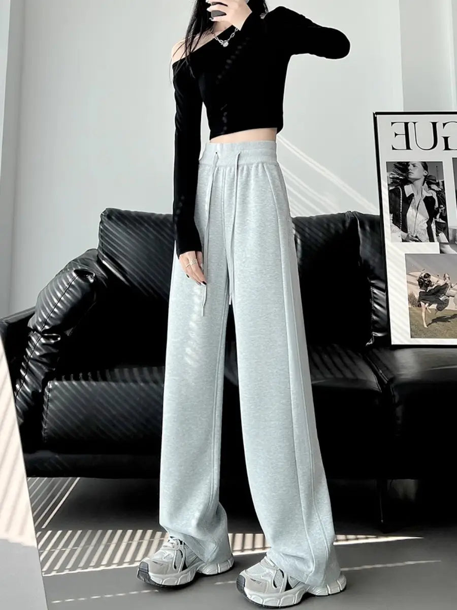 Women Dark Gray High Waist Wide Leg Sports Pants Spring Autumn