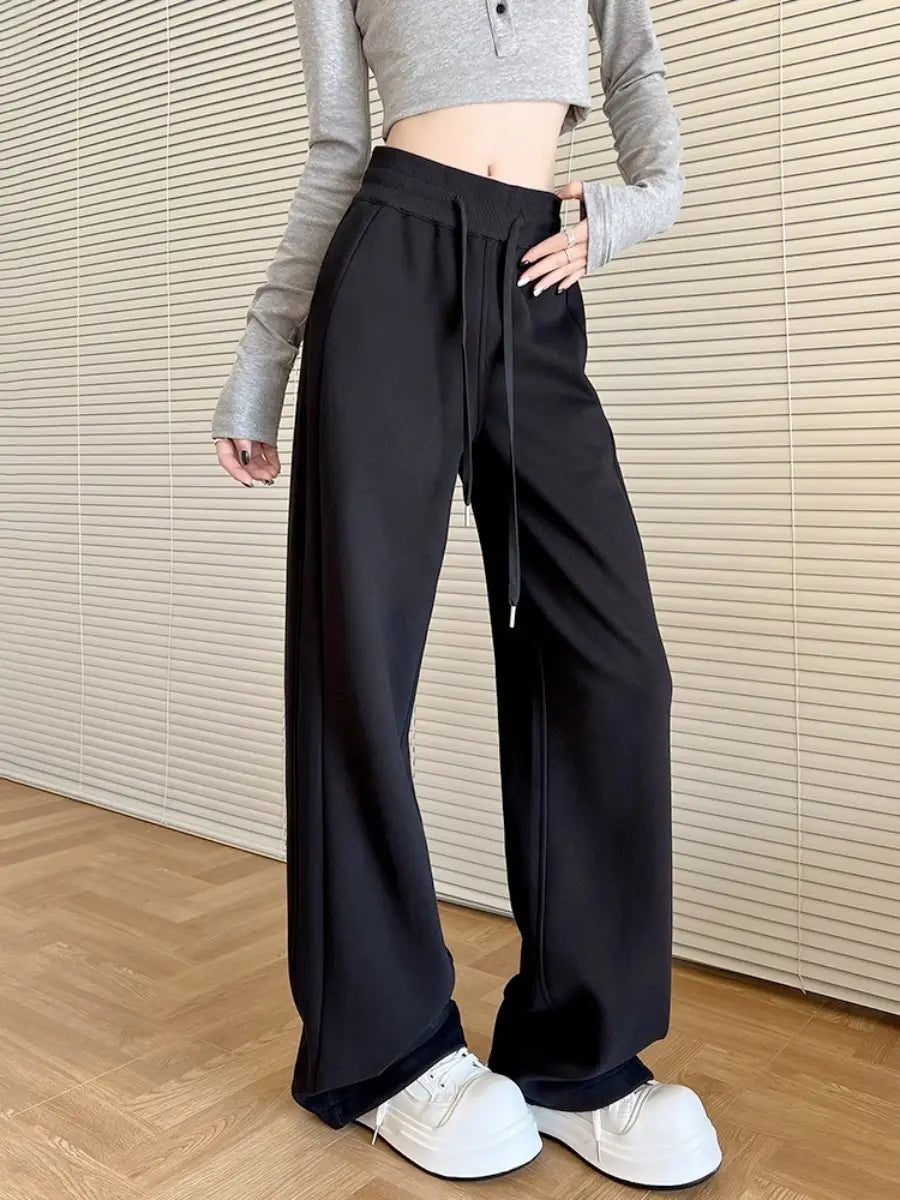 Women Dark Gray High Waist Wide Leg Sports Pants Spring Autumn