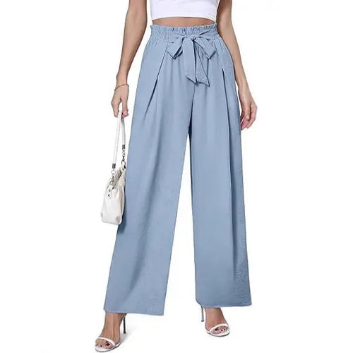 Women Summer Wide-Leg High-Waisted Blue Pants
