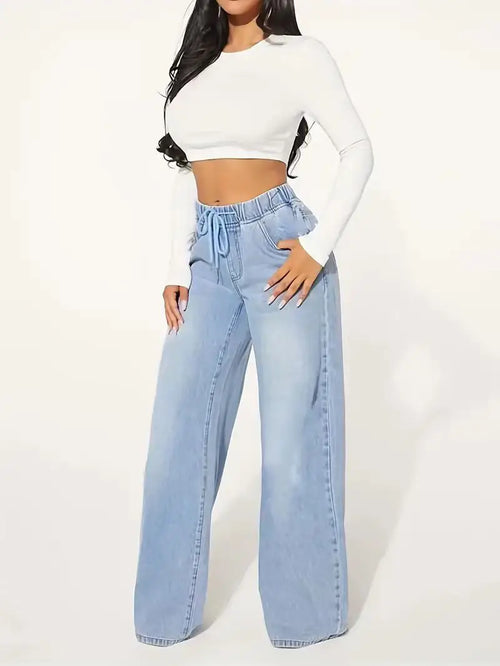 Women Light Blue High Waist Wide Leg Denim Jeans