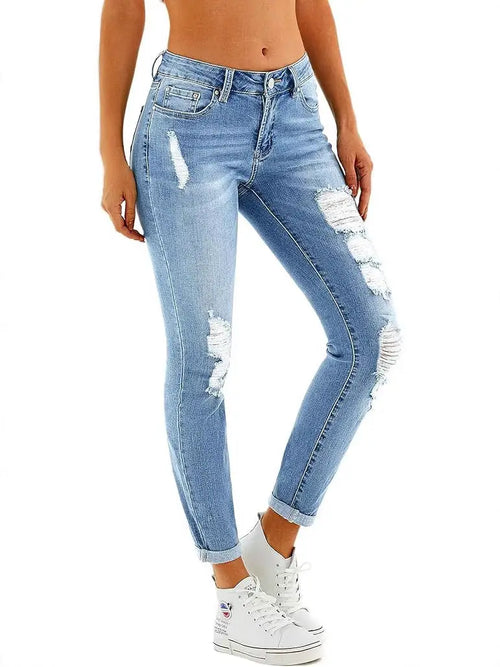 Light Blue Ripped Denim Trousers for Women with Elastic Waist