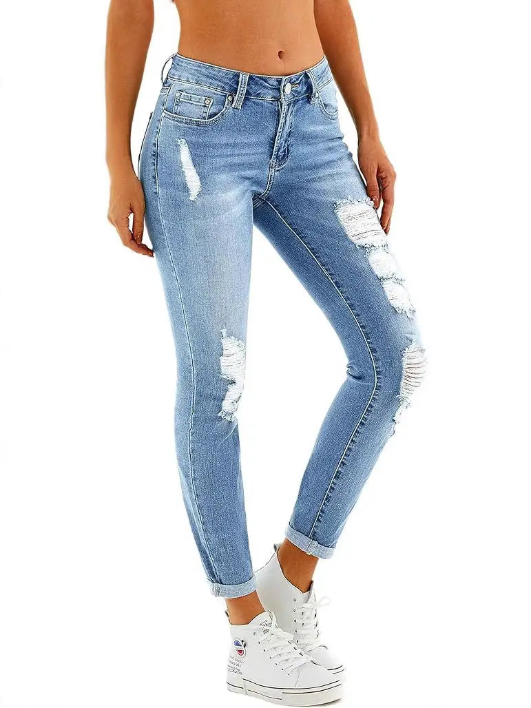 Light Blue Ripped Denim Trousers for Women with Elastic Waist