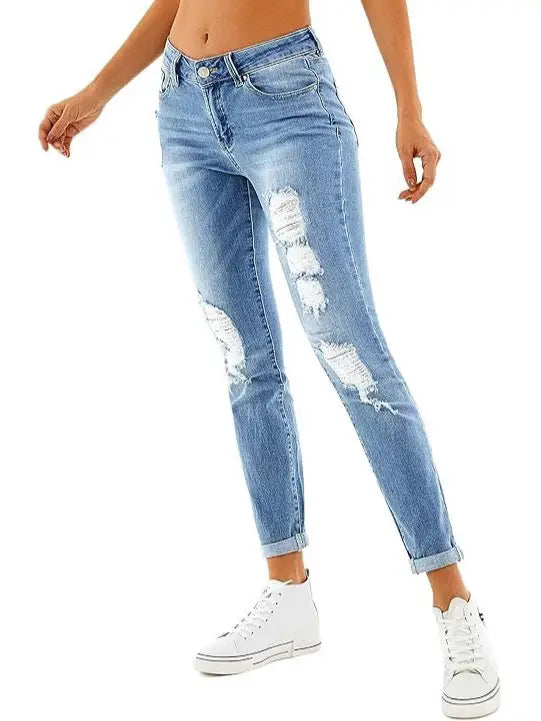 Light Blue Ripped Denim Trousers for Women with Elastic Waist