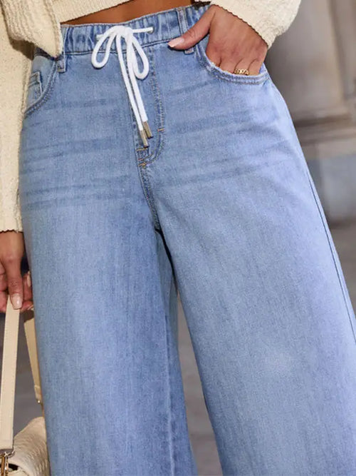 Women High-Waisted Drawstring Wide-Leg Denim Trousers Plus Size