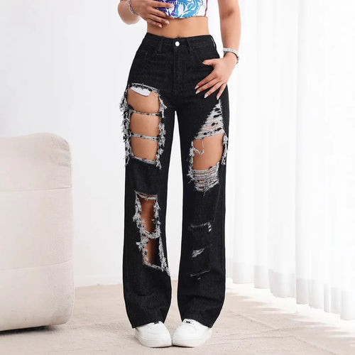 Black High Waist Ripped Straight Jeans Women
