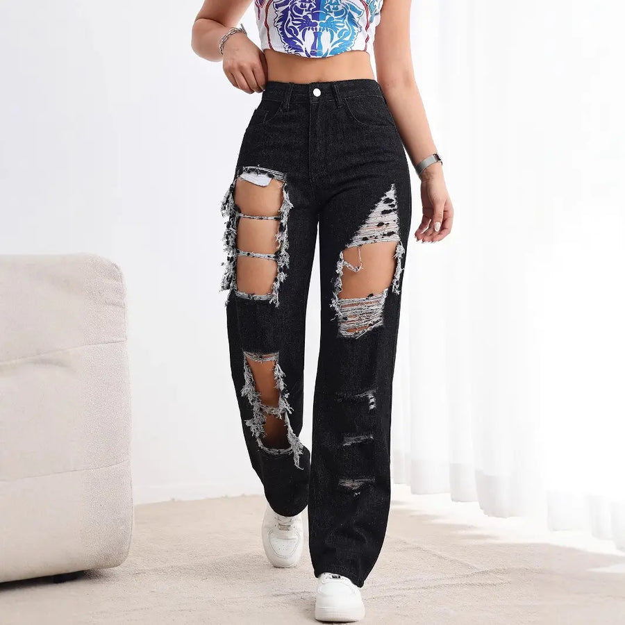Black High Waist Ripped Straight Jeans Women