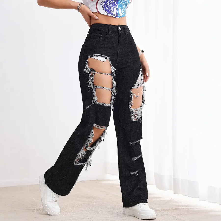 Black High Waist Ripped Straight Jeans Women