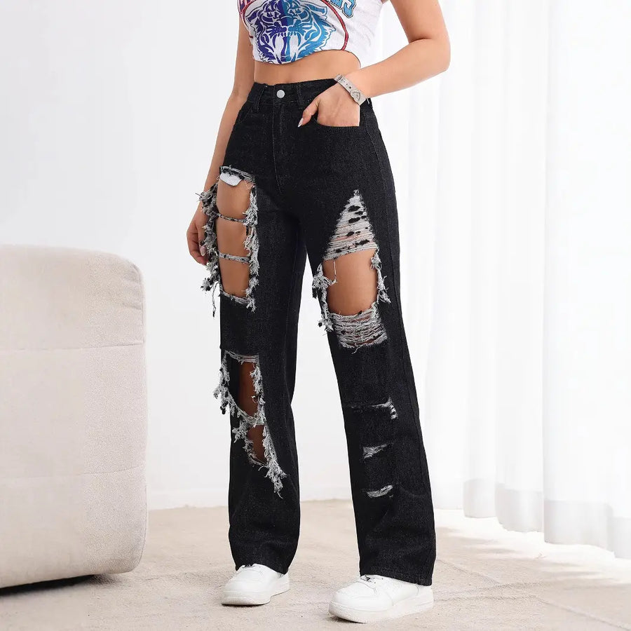 Black High Waist Ripped Straight Jeans Women