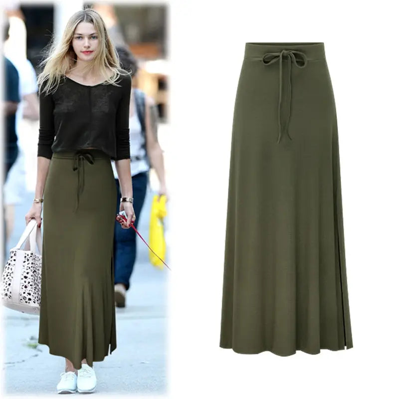 Women High Waist Belted Slit Skirt Spring Summer Olive Green