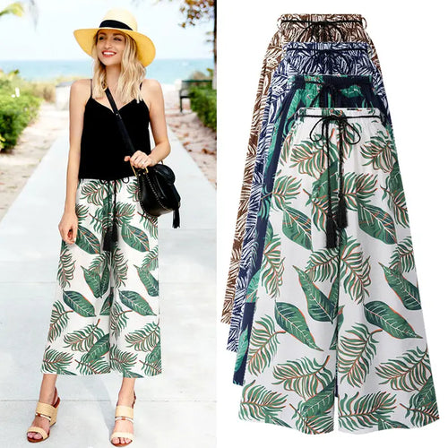 Women Floral Wide-leg Cropped Beach Pants XXL Green White