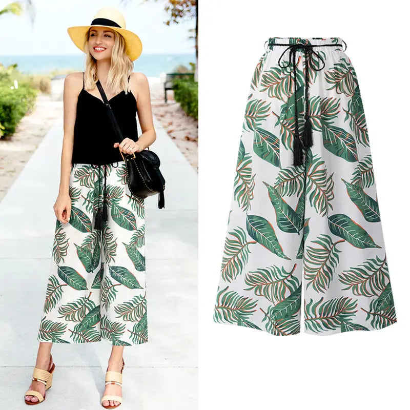 Women Floral Wide-leg Cropped Beach Pants XXL Green White