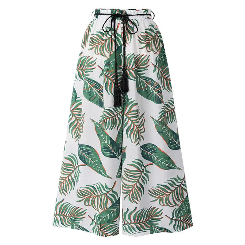 Women Floral Wide-leg Cropped Beach Pants XXL Green White