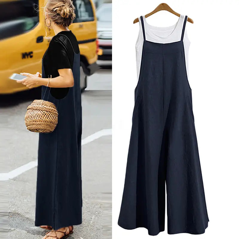 Linen Wide Leg Suspender Pants Women Summer Casual Dress