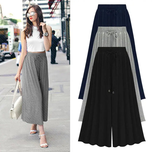 Women Summer Wide Leg Pants Plus Size Black Grey Navy Loose Fit