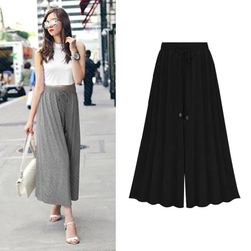 Women Summer Wide Leg Pants Plus Size Black Grey Navy Loose Fit