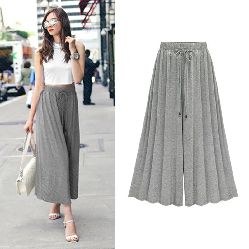 Women Summer Wide Leg Pants Plus Size Black Grey Navy Loose Fit