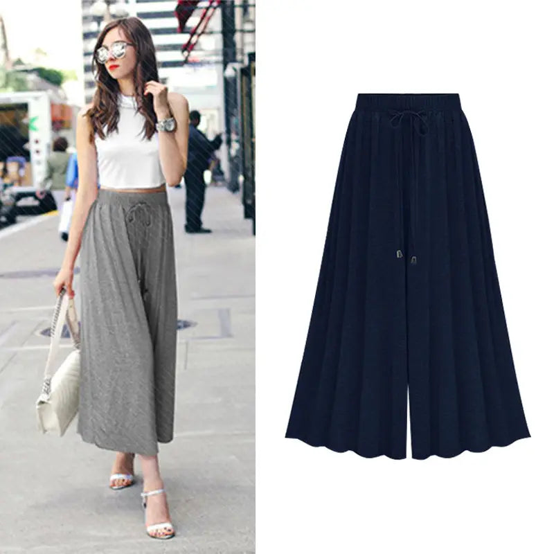 Women Summer Wide Leg Pants Plus Size Black Grey Navy Loose Fit
