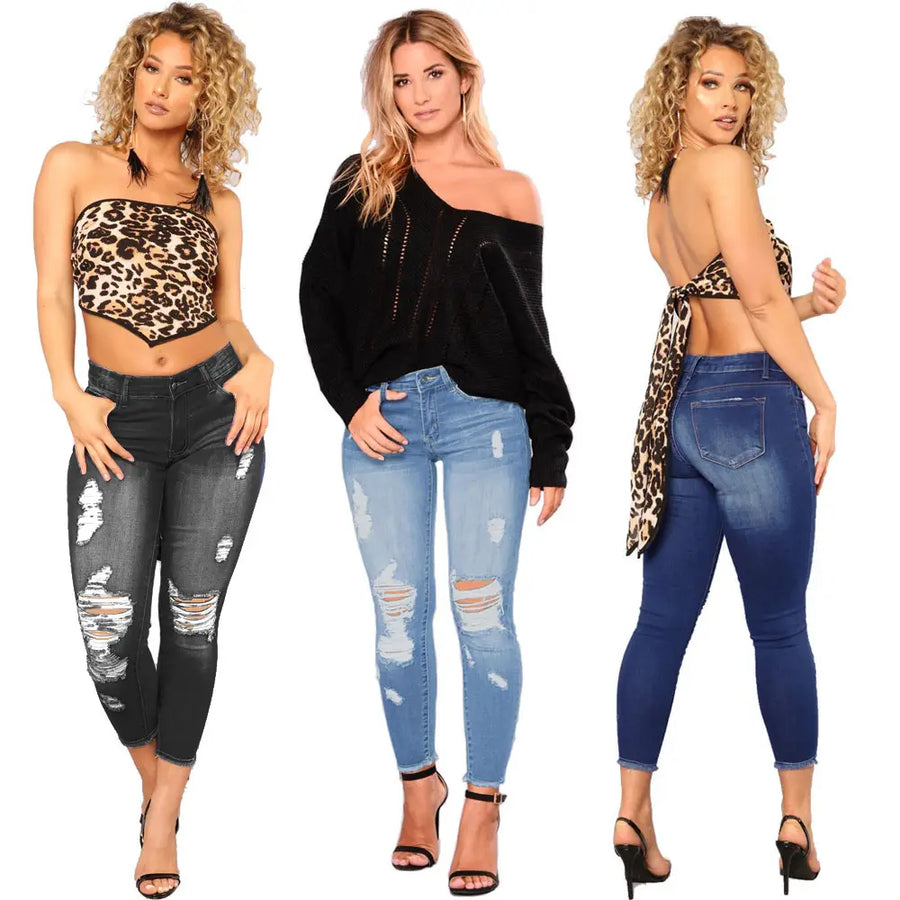 Women Ripped Denim Wide Leg Pants Dark Blue New