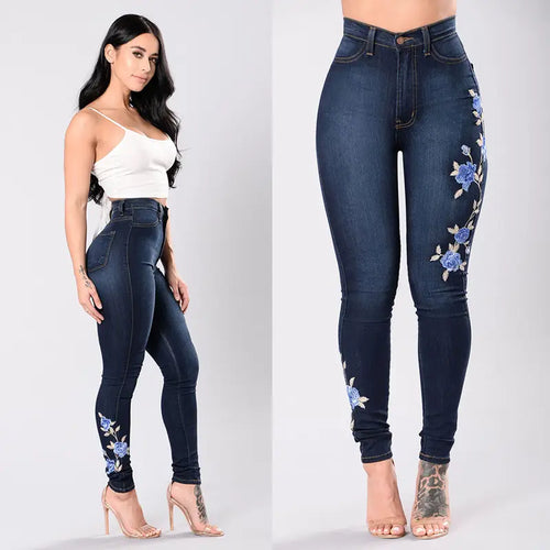 Women Low Waist Embroidered Jeans Navy Blue