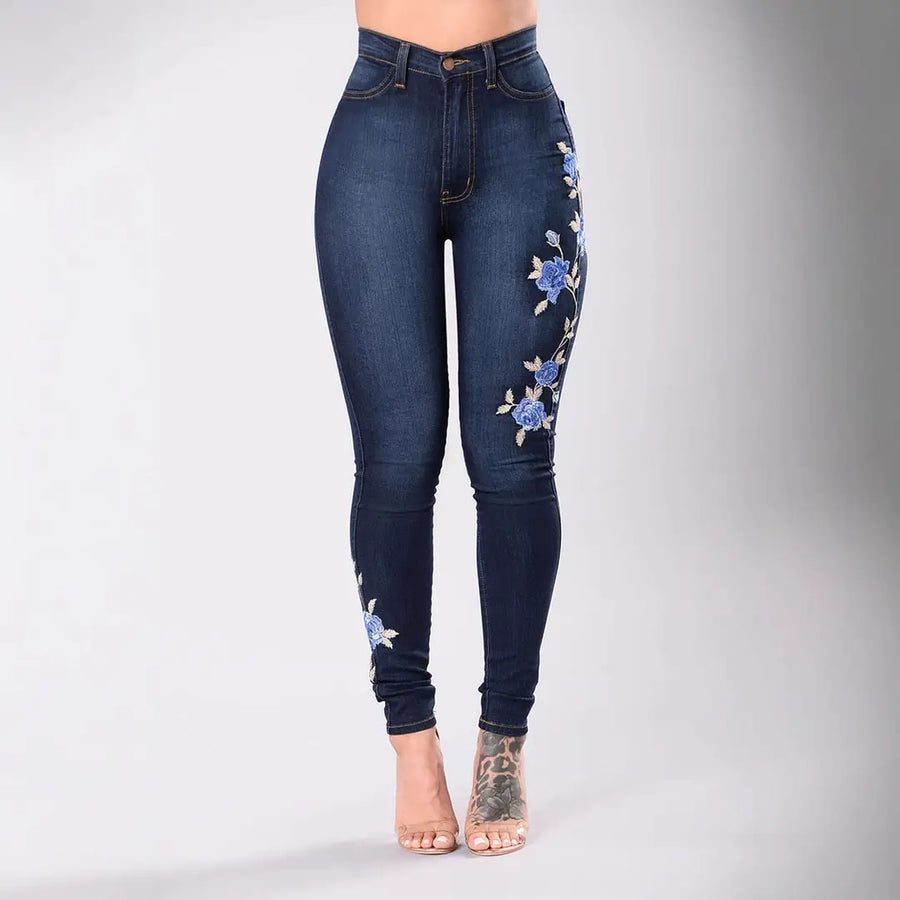 Women Low Waist Embroidered Jeans Navy Blue
