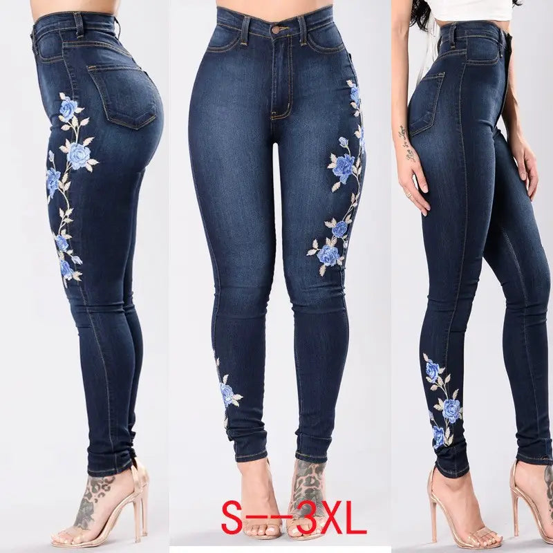 Women Low Waist Embroidered Jeans Navy Blue