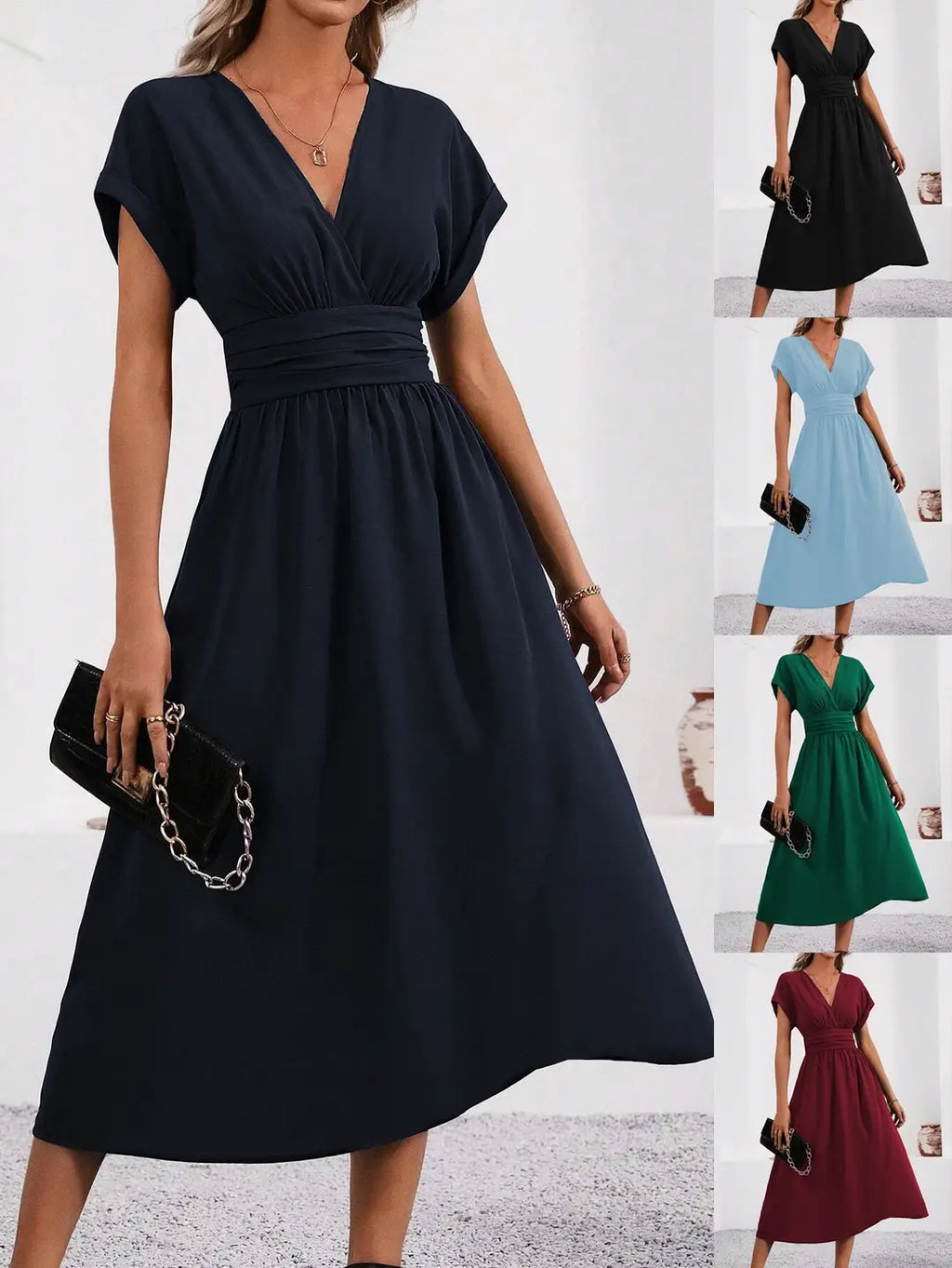 Elegant V-Neck Dress with Pleated Waist for Pakistani Summer Events